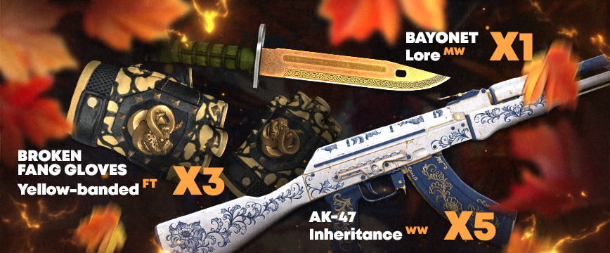 Giveaway prizes: Bayonet | Lore, Broken Fang Gloves | Yellow-banded, AK-47 | Inheritance