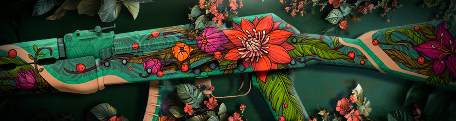 AK-47 | Wild Lotus CS2 Skin – A rare and highly valuable AK-47 skin with a green floral design, pink and orange flowers, and vine details. One of the most expensive CS2 skins.
