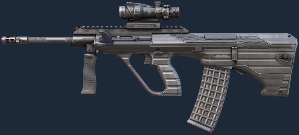 AUG Steel Sentinel CS2 skin with a sleek metallic design, resembling a futuristic robot or industrial weapon finish