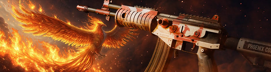 Galil AR | Connexion skin illustrated with flames and a phoenix silhouette in the background, emphasizing its rebirth and fiery battle theme.