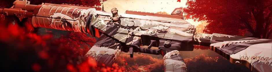 Japanese-themed artwork of Galil AR | Crimson Tsunami held by a samurai or geisha, featuring a crimson red weapon design inspired by traditional Japanese aesthetics.