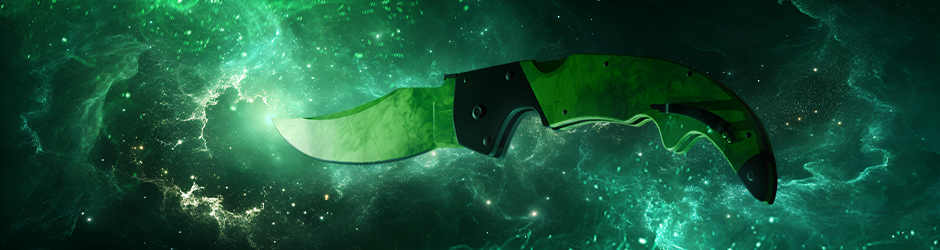 Falchion Knife Gamma Doppler skin in vibrant green hues with wave motion effect from CS2 Dreams & Nightmares case