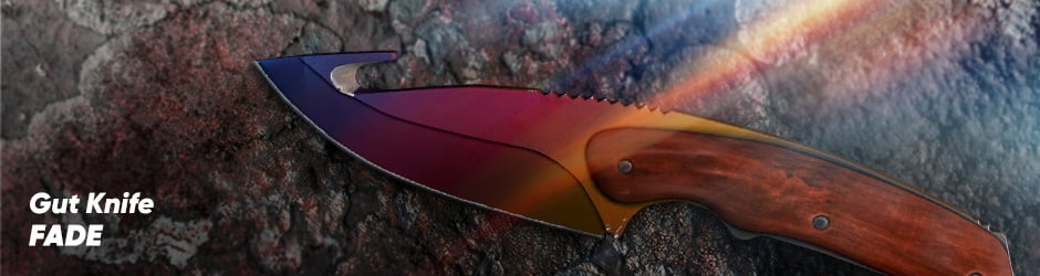 Fade Gut Knife skin in CS2 with a smooth gradient from bright yellow to deep purple on a polished blade.