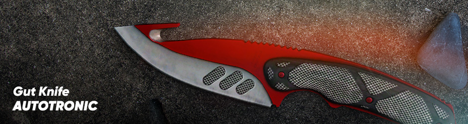 CS2 Gut Knife Autotronic skin featuring a futuristic red and silver blade with a carbon fiber handle.