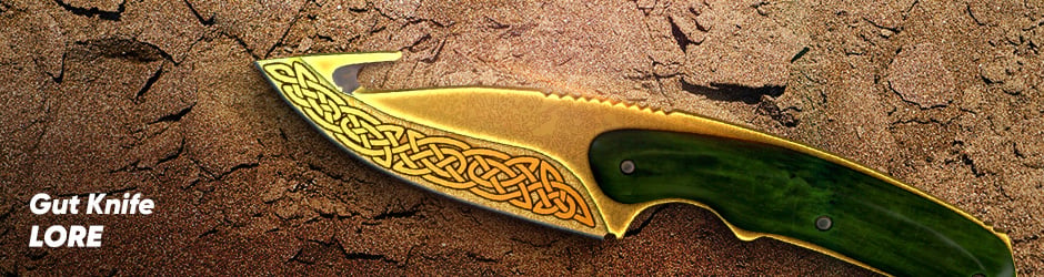 Lore Gut Knife skin in CS2 showcasing a golden Norse-inspired design with intricate patterns and rich detail.