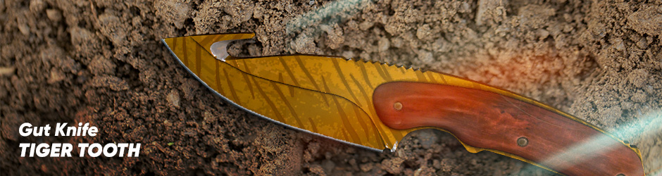 Tiger Tooth Gut Knife skin in CS2 with fierce black tiger stripes over a yellow-orange blade and wood handle.