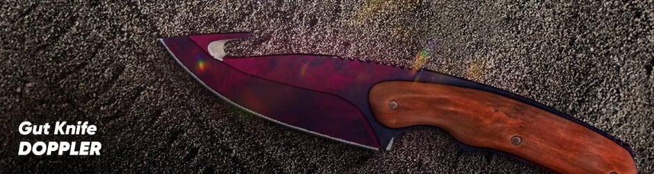 Doppler Gut Knife CS2 skin featuring a glossy, color-shifting blade with hues of deep blue, purple, and red.