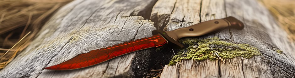 Bowie Knife Crimson Web skin with vivid red web pattern over black blade in CS2