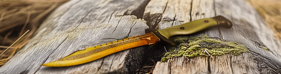 Bowie Knife Lore skin with gold and green Celtic knot patterns in CS2