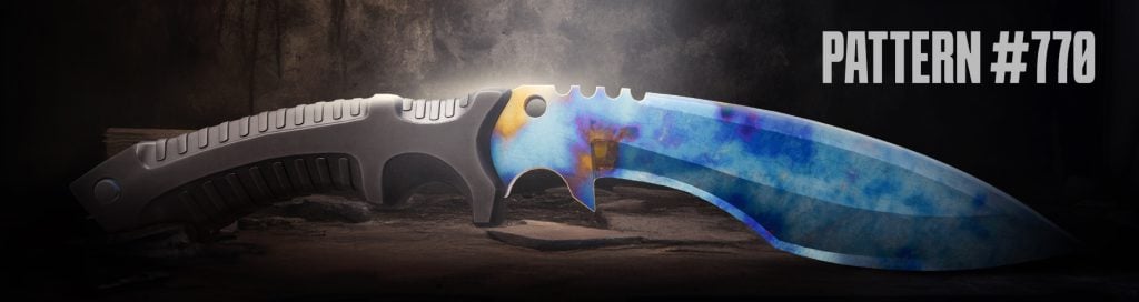 CS2 Kukri Knife Case Hardened Pattern #770 Blue Gem – 91% blue frontside with golden and purple mix on backside, high-tier collector skin
