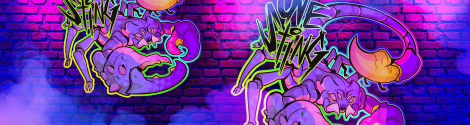 One Sting (Holo) sticker for CS2 with a vibrant purple scorpion and colorful stinger, featured in the Feral Predators Capsule.
