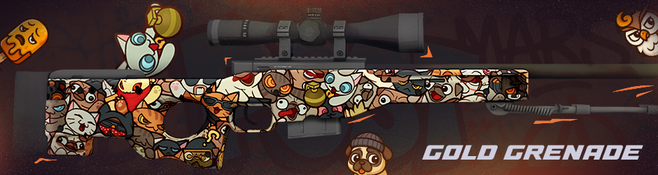 AWP | PAW Gold Grenade skin displaying a cute blue-eyed cat holding a grenade, placed above the magazine in Tier 1.