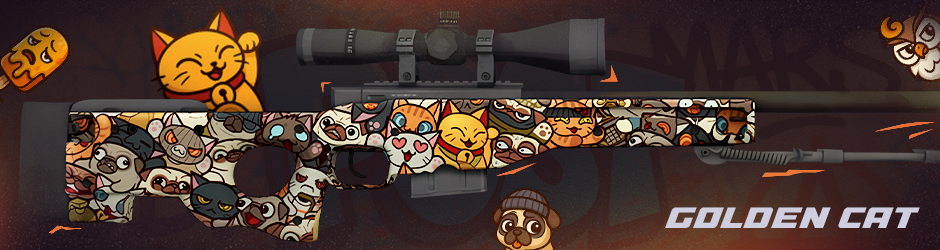Close-up of the AWP | PAW Golden Cat skin, showcasing a golden cat motif above the magazine for Tier 1 placement.