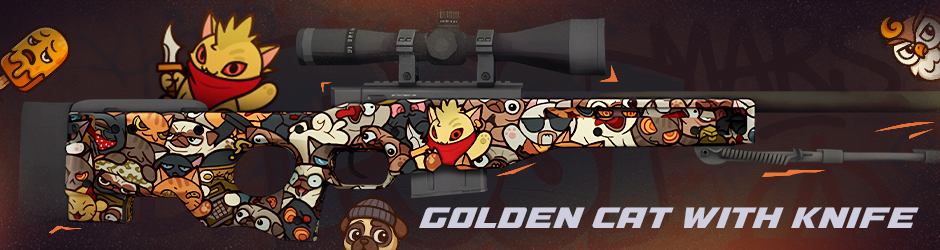 AWP | PAW Golden Cat with Knife skin featuring a golden cat holding a dagger, placed above the magazine in Tier 1.