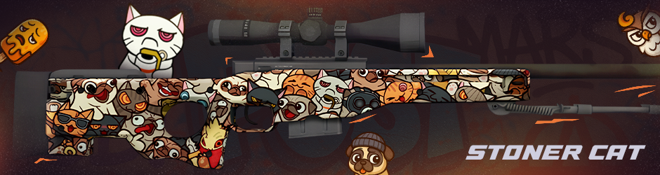 AWP | PAW Stoner Cat skin with a cat holding a smoke grenade and red eyes, placed above the magazine in Tier 1.
