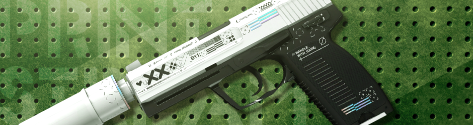 White-themed USP-S Printstream skin with pearlescent finish and futuristic black inscriptions in CS2