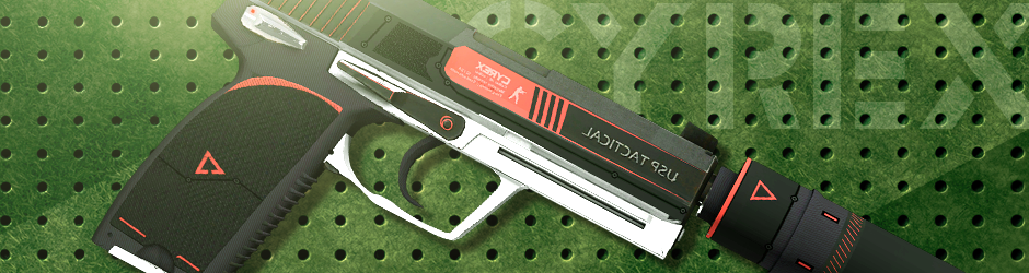 USP-S Cyrex skin in red, white, and black with a clean, minimalistic sci-fi design for CS2 players