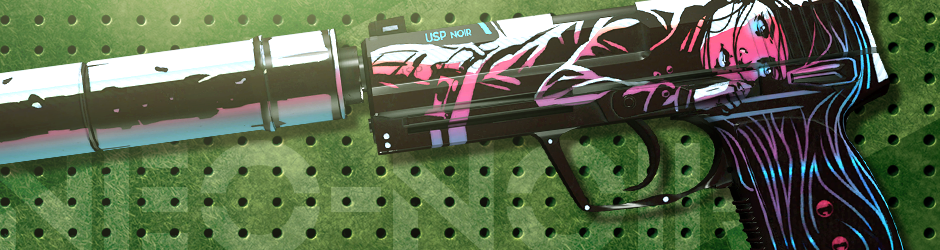 Stylish USP-S Neo-Noir skin with neon-noir art of a blue-eyed woman lying beneath a skyscraper