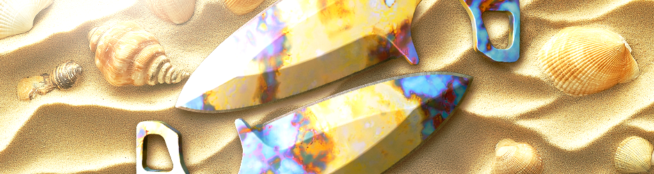 Shadow Daggers Case Hardened CS2 skin with metallic blades featuring a random mix of blue, purple, and green hues in Factory New condition.
