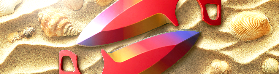 Shadow Daggers Fade CS2 skin with a bright gradient of purple, red, and yellow, available in Factory New and Minimal Wear conditions.