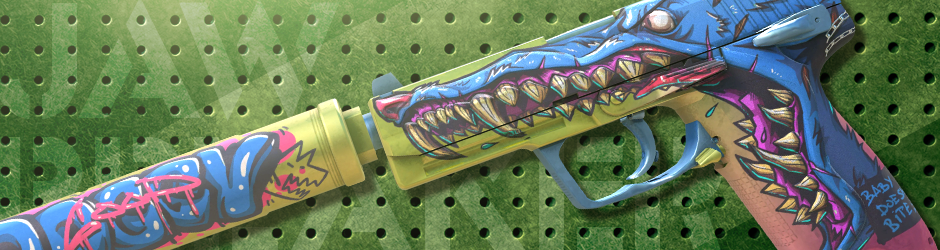 Aggressive-looking USP-S Jawbreaker skin with a monstrous jaw and sharp teeth design in vivid colors