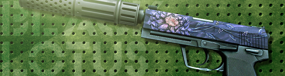 Elegant USP-S Black Lotus skin with a black lotus flower on a dark navy base, minimalist and stylish