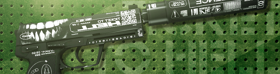 Dark-themed USP-S Ticket to Hell skin with QR codes, white inscriptions, and cryptic hell-bound visual cues
