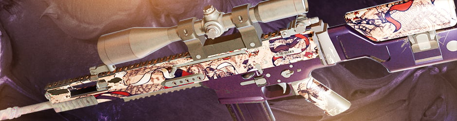 SCAR-20 Magna Carta CS2 skin with purple, white, and gray patterns inspired by history
