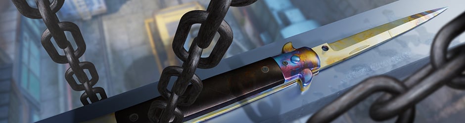 Stiletto Knife Case Hardened in CS2 – vibrant blue gem pattern with shimmering metallic colors, rare Covert skin from Danger Zone Case and Horizon Case