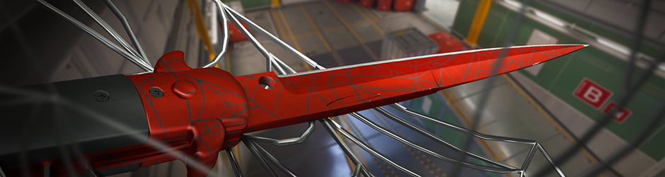 Stiletto Knife Crimson Web in CS2 – vivid red blade with white spider web pattern, classic Covert knife from Danger Zone Case