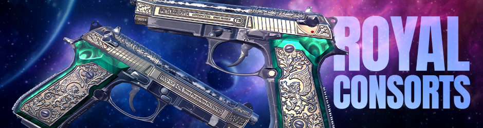CS2 Dual Berettas Royal Consorts skin – golden and green pistols with laser-etched Scandinavian-style engravings from Glove Case.