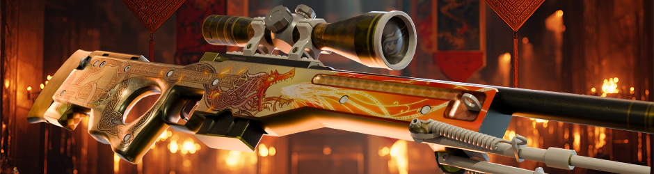 AWP Dragon Lore skin in CS2 featuring a fire-breathing dragon with mythical patterns