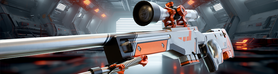 AWP Asiimov skin in CS2 with white, orange, and black futuristic design