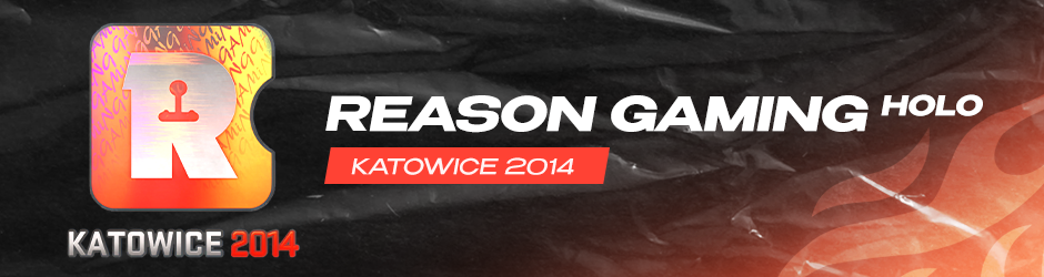 Reason Gaming (Holo) Katowice 2014 sticker in CS2 with a vibrant orange holographic logo and purple-to-orange color shift, one of the most valuable CS2 stickers ever released.

