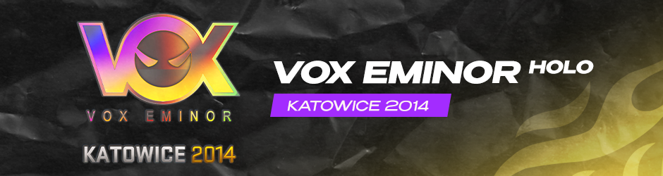 Vox Eminor (Holo) Katowice 2014 sticker in CS2 featuring a bright holographic mask design with yellow, orange, and red tones, prized by collectors and skin crafters.
