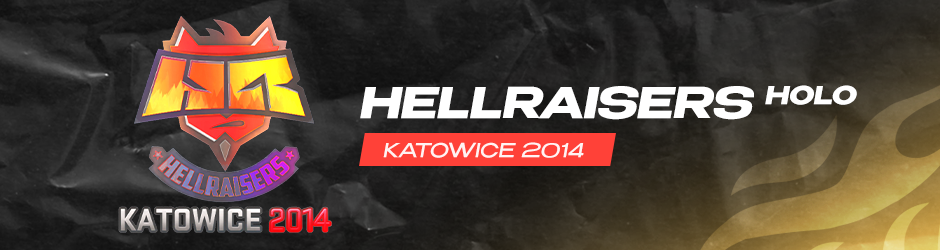 HellRaisers (Holo) Katowice 2014 sticker in CS2 displaying a fiery red holographic devil-inspired logo, a rare collector sticker valued at approximately $15,000.