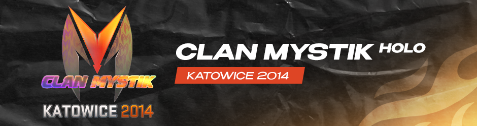 Clan Mystik (Holo) Katowice 2014 sticker in CS2 with a unique holographic arrow-style logo pattern, a rare entry-level Katowice 2014 collector sticker.