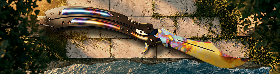 CS2 Butterfly Knife Case Hardened skin featuring blue, gold, and purple pattern with rare Blue Gem finish