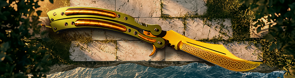 Butterfly Knife Lore skin in CS2 with golden blade, Celtic engravings, and antique green handles