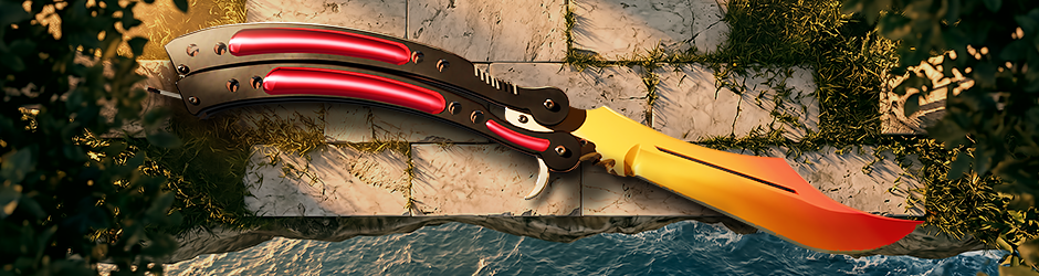 Butterfly Knife Fade skin in CS2 featuring a gold, pink, and purple gradient finish