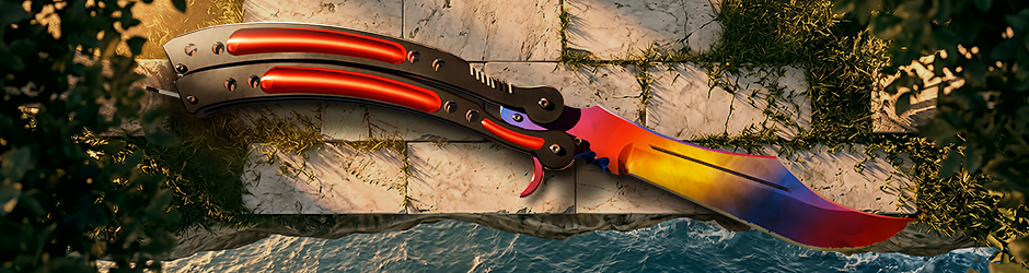 CS2 Butterfly Knife Marble Fade skin with bright red, blue, and yellow marbled colors