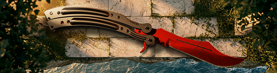 CS2 Butterfly Knife Crimson Web skin with blood-red blade and black spider web pattern