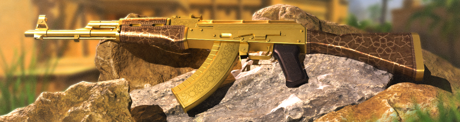 AK-47 | Gold Arabesque: AK-47 Gold Arabesque skin featuring a luxurious gold finish, ornate filigree, and burgundy wooden details