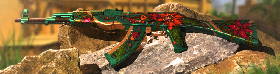 AK-47 | Wild Lotus: AK-47 Wild Lotus skin with a green base covered in colorful floral and botanical patterns