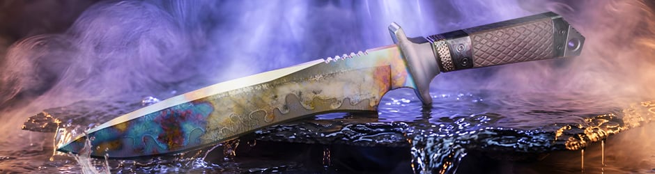 Classic Knife Case Hardened skin in CS2 with blue, gold and purple pattern